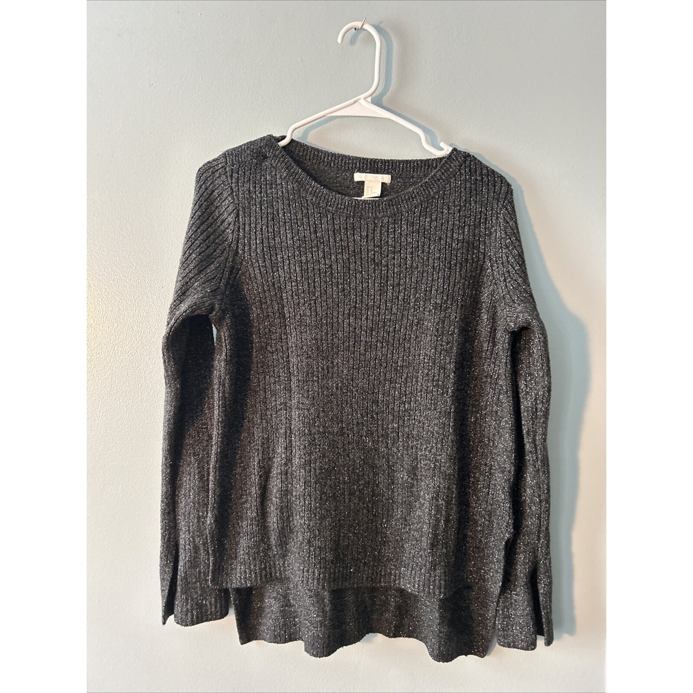 H&M Gray Silver Knit Metallic Christmas Festive Sweater Size Medium Hi Low Hem